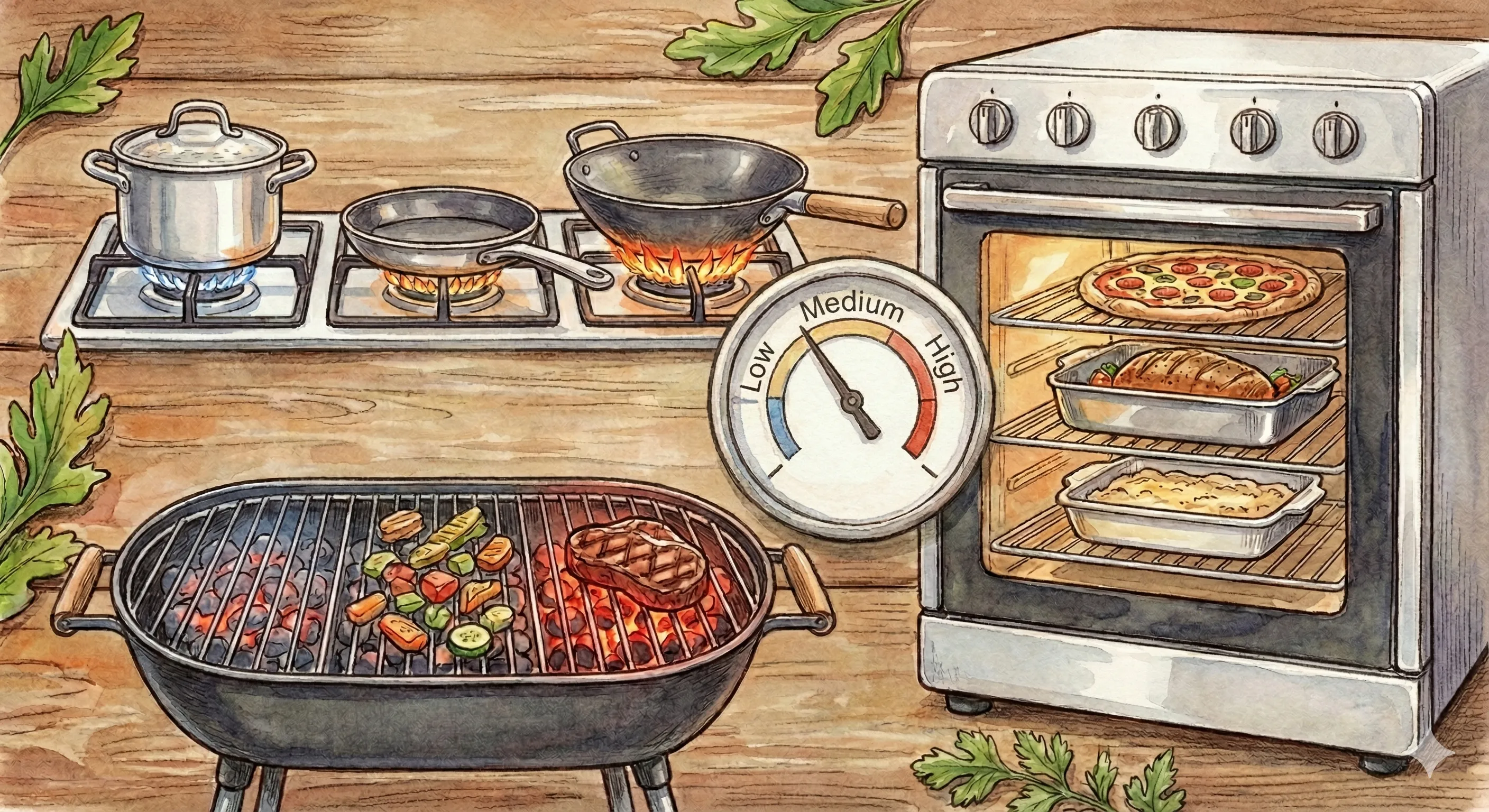 Illustration showing cooking temperature ranges and heat levels